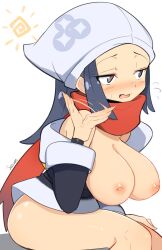 1girls akari_(pokemon) alternate_breast_size areolae blue_eyes blue_hair breasts fanning_self female game_freak headscarf highres huge_breasts jellcaps light-skinned_female light_skin long_hair nintendo nipples nude nude_female pokemon pokemon_legends:_arceus scarf simple_background thick_thighs wide_hips