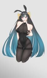 1girls belly_button belly_button_visible_through_clothing black_hair blue_hair blush breasts bunnysuit clothed clothing fake_animal_ears fake_rabbit_ears female female_only horns huge_breasts itsumi_yuya_(mr.jk) light-skinned_female light_skin pixela_legends pixela_project red_eyes solo two_tone_hair umino_ciala virtual_youtuber