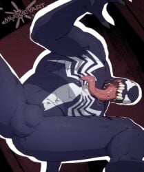 balls bara bulge dark_body long_tongue male male_only marvel marvel_comics mugheyart muscles muscular muscular_male nude penis sharp_teeth solo solo_male spread_legs venom venom_(marvel)