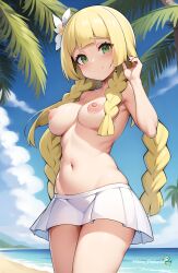 ai_generated beach blonde_hair breasts exhibitionism green_eyes lillie_(pokemon) nintendo nude pokemon pokemon_trainer shinypiplup