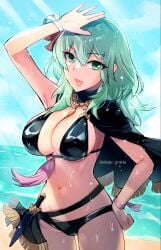 1girls :d alternate_costume arm_up bare_arms bare_shoulders beach belt bikini black_belt black_bikini black_capelet black_swimsuit blue_sky breasts byleth_(fire_emblem) byleth_(fire_emblem)_(female) byleth_(summer)_(fire_emblem)_(female) capelet cleavage cloud commentary_request cowboy_shot dagger day enlightened_byleth_(female) female female_only fire_emblem fire_emblem:_three_houses fire_emblem_heroes green_eyes green_hair hand_on_own_hip highres knife large_breasts long_hair looking_at_viewer navel nintendo ocean official_alternate_costume open_mouth ribbon scabbard sheath sheathed sky smile solo standing stomach swimsuit thighs weapon wrist_ribbon yomusugara_(uzo-muzo)