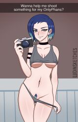 blue_hair blush boobs camera choker english_text heart-shaped_pupils mirror_selfie perrin_(pokemon) pokemon pokemon_sv pokemon_sv_teal_mask pubic_hair selfie snapchat