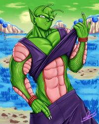 1boy 5_fingers alien alien_boy alien_humanoid alien_look_like_human alien_only black_eyes blue_grass clothed clothing cloud demonicaurora dragon_ball dragon_ball_(classic) dragon_ball_gt dragon_ball_super dragon_ball_z green_skin green_sky long_nails male male_only markings muscles muscular muscular_male nails piccolo purple_clothing six_pack skin_markings slug_humanoid solo sun teasing tree water