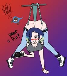 1girls blush bokki-boqui breasts camera female holding_object light-skinned_female light_skin multicolored_hair nintendo panties perrin_(pokemon) pokemon pokemon_sv short_hair tank_top wedgie wink