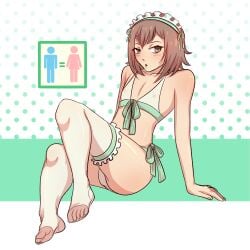 1boy arm_support baka_to_test_to_shoukanjuu blush brown_hair femboy feminine_male kinoshita_hideyoshi lingerie maid_headdress male male_focus male_only sitting solo stockings thighhighs trap yeeahh