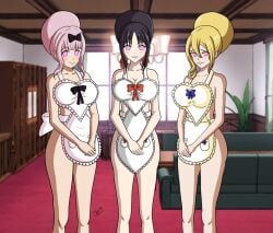 3girls alerith alternate_hairstyle apron beehive_hairdo big_breasts black_hair blonde_hair blush breasts cleavage domestication female female_only femsub fujiwara_chika happy_trance hayasaka_ai heart heart_eyes hypnosis kaguya-sama_wa_kokurasetai_~tensai-tachi_no_renai_zunousen~ large_breasts mind_control multiple_girls multiple_subs naked_apron pink_eyes pink_hair ribbon shinomiya_kaguya smile stepfordization story story_in_description