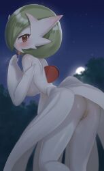 absurdres ass back blue_sky blurry blurry_background blush bob_cut breasts breath censored colored_skin commentary dark depth_of_field elbow_gloves female from_behind gardevoir generation_3_pokemon gloves gradient_sky green_hair half-closed_eyes hand_to_own_mouth hand_up highres humanoid large_breasts leaning_forward leg_up looking_at_viewer looking_back mega_evolution mega_gardevoir mega_pokemon moon mosaic_censoring narrow_waist night no_panties outdoors pokémon_(species) pokemon pokemon_(species) presenting pussy red_eyes saliva saliva_trail shengtian shiny_skin short_hair sky solo standing standing_on_one_leg star_(sky) thighs tongue tongue_out topless tree white_gloves white_skin