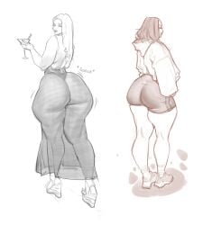 2023 2girls alcohol ass ass_jiggle bare_legs beverage big_ass black_and_white bottom_heavy bottomwear calves clothed clothed_female clothes clothing cocktail dress duo feet female female_only footwear full_body fully_clothed greyscale hair hi_res high_heels holding_beverage hoodie huge_ass huge_thighs human human_only jacket jiggle jiggling_ass large_ass legs_together long_hair looking_at_viewer looking_away looking_back looking_back_at_viewer monochrome motion_lines original original_character pantylines pose posing see-through see-through_dress shoes shorts simple_background smiling smiling_at_viewer sneakers standing straight_hair thatmfdiego thick_thighs thighs topwear wedge_heels white_background wide_hips