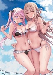 2girls bikini blush cameltoe female female_only hanonokusa happy large_breasts light_brown_hair one_side_up partially_submerged pink_hair removing_bikini smile splash squeezing_breast twintails wet_skin