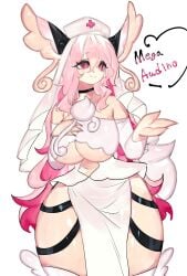 audino big_breasts clothed mega_audino nurse_cap pink_eyes pink_hair pokemon pokemon_(species) pokemon_bw pokemon_oras thick_thighs togetoge white_dress white_hair