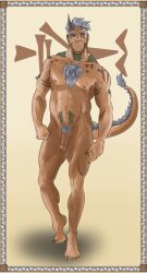 1_horn absurd_res draconic funkcho genitals hair hi_res horn humanoid hybrid male muscular muscular_male penis scales silver_hair simple_background solo tail tattoo usum(funkcho)