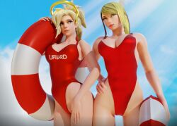 2girls 3d adeptusinfinitus beach big_breasts blender blonde_hair female female_only halo human lifeguard light-skinned_female light_skin mercy metroid one-piece_swimsuit overwatch pale-skinned_female pale_skin ponytail posing samus_aran seductive suggestive swimsuit