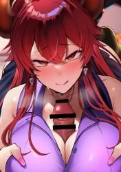 1boy 1girls bar_censor bare_shoulders blush breasts breasts_squeezed_together censored collarbone dark-skinned_male dark_skin dola_(nijisanji) dragon_girl dragon_horns female hair_between_eyes highres horns hoshara large_breasts licking_lips light-skinned_female light_skin long_hair looking_at_viewer nijisanji paizuri paizuri_under_clothes penis pov purple_shirt red_eyes red_hair shirt sleeveless sleeveless_shirt solo_focus straight sweat tongue tongue_out virtual_youtuber