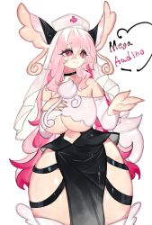 audino big_breasts black_dress clothed mega_audino nurse_cap pink_eyes pink_hair pokemon pokemon_(species) thick_thighs togetoge white_hair