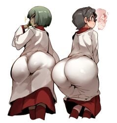 2boys adjusting_glasses altar_boy_robes ass_focus benjamin_(blackwhiplash) big_ass biting_lip blush clothed dat_ass doppel dress femboy glasses gray_hair heart huge_ass male_only marcus_(blackwhiplash) nervous_smile otoko_no_ko presenting presenting_hindquarters religious_clothing robes short_hair socks sweat white_background white_robe