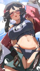 1girls :3 :3d belly big_breasts black_hair blush breasts curvaceous curvy curvy_figure eye_contact eyewear female female_only glasses hizake horny hourglass_figure kashu_(hizake) large_breasts light-skinned_female light_skin looking_at_viewer midriff mozu_(hizake) navel oc open_mouth original original_character outdoors pale-skinned_female pale_skin red_eyes sidelocks sky solo standing sweat sweatdrop sweating wide_eyed wide_hips