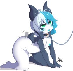 1boy 2018 anthro ass blue_eyes blue_hair blue_nipples chatai collar femboy girly large_ass leash male_only nude on_all_fours original original_character shortstack solo_male tail_wagging two_tone_hair white_background white_hair