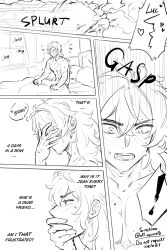 1boy artsquirrelb comic cum cumming diluc_(genshin_impact) ejaculating_cum ejaculation english_text genshin_impact inner_thoughts jean_gunnhildr male morning morning_after text waking_up wet_dream