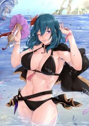 1boy 1girls absurdres alternate_costume bare_arms bare_shoulders belt bikini black_belt black_bikini black_capelet black_swimsuit blue_eyes blue_hair blue_sky breasts byleth_(female)_(fire_emblem) byleth_(female)_(summer)_(fire_emblem) byleth_(fire_emblem) byleth_(fire_emblem)_(female) capelet cleavage commentary_request cowboy_shot day female female female_focus fire_emblem fire_emblem:_three_houses fire_emblem_heroes flower hair_flower hair_ornament highres large_breasts long_hair looking_at_viewer lorenz_hellman_gloucester lorenz_hellman_gloucester_(summer) male nail_polish navel nintendo ocean official_alternate_costume one_eye_closed outdoors parted_lips purple_nails red_flower ribbon sky solo_focus standing stomach surfing swimsuit thighs vialnite wading water wrist_ribbon