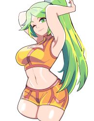 1girls alternate_costume arms_up bbycheese big_breasts big_thighs breasts casual_outfit_(metroid) cleavage cleavage_cutout curvy female female_only green_eyes green_hair kid_icarus light-skinned_female light_skin lips long_hair looking_at_viewer metroid midriff navel nintendo one_eye_closed orange_shorts orange_sports_bra palutena ponytail samus_aran_(cosplay) shorts solo sports_bra thick thick_hips thick_thighs thighs tied_hair white_background wide_hips