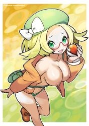 2023 bag bianca_(pokemon) blonde_hair breasts female female_focus female_only game_freak green_eyes hat jacket jacket_open nintendo nipples panties pokeball pokemon pokemon_bw purse redjet short_hair thighs