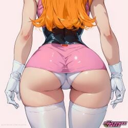 aged_up ai_generated ass ass_focus blossom_(powerpuff_girls) gloves heroine miniskirt orange_hair panties pink_background powerpuff_girls simple_background skintight skirt skizzen spandex thighhighs thin_waist white_panties wide_hips