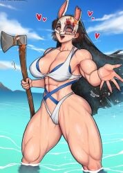 1girls abs axe big_breasts big_thighs bikini blood brown_hair busty cheekie0 cloud dead_by_daylight female_only hand_gesture headgear heart heart-shaped_pupils holding_object hooked_on_you huntress_(dead_by_daylight) legs_in_water looking_at_viewer mask muscular muscular_female muscular_thighs ocean open_mouth outdoors outside partially_submerged short_hair sky solo solo_female standing swimsuit water wet