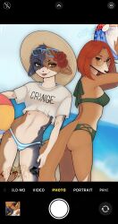 :3 anthro beach black_claws black_fur brown_eyes brown_fur canine citrustown claws crop_top digital_media feline flower_in_hair fortnite fortnite:_battle_royale furry glasses green_clothing green_swimsuit hat meow_skulls_(fortnite) panties piercing red_hair ripped_clothing sing_(movie) sing_2_(movie) striped_panties suki_lane summer sunglasses swimsuit swimwear taking_picture tongue tongue_out