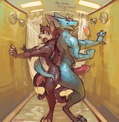 2023 anthro bathing canid canine dialogue digitigrade dragon duo edjit english_text erection genitals hi_res horn male mammal nude penis shower showering singing standing text