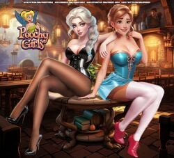 2girls ai_generated anna_(frozen) corset disney disney_princess elsa_(frozen) elsanna female female_only frozen_(film) high_heels legs poochygirls sisters stockings