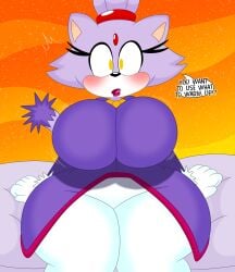 2023 3barts big_breasts blaze_the_cat blush cushion eyelashes gloves leggings mobian_(species) orange_eyes purple_fur sega sonic_(series) tail thick_thighs white_legwear