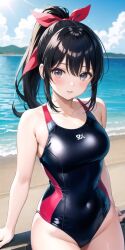 1girls ai_generated beach bent_over blue_hair breasts covered_navel female female_only grey_eyes hair_ribbon hi_res legs long_hair looking_at_viewer medium_breasts ocean one-piece_swimsuit ponytail sakura_shinguji sakura_wars sega solo swimsuit thighs water