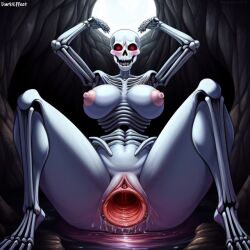 1girls ai_generated anatomical_nonsense anus arms_above_head blush bones breasts cave clitoris darkeffect female female_only gaping_pussy glowing_eyes large_areolae looking_at_viewer mr_skelly_man_disapproved nightmare_waifu nipples pussy pussy_juice red_eyes ribs scenery skeleton skull small_waist undead