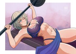 1girls absurdres armpits bare_arms bare_shoulders big_boobs blue_eyes boob_window boobs breasts cleavage commentary exercise female female_only fire_emblem fire_emblem_engage full_cleavage g-string grey_hair highres ihsnet large_breasts lying merrin_(fire_emblem) midriff navel nintendo on_back one_eye_closed sash short_hair solo sports_bra stomach sweat thighs weightlifting