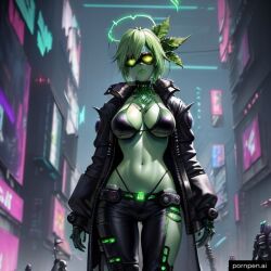 1girls ai_generated bellybutton black_clothing black_jacket black_trousers bust city city_background cityscape cyberpunk exposed_belly exposed_navel exposed_stomach female fit_female futuristic green green_body green_hair green_halo green_skin halo jacket latex_bikini latex_bikini_top leather_clothing leather_jacket leather_pants mask midriff monster_girl navel not_furry not_human nymph outdoor outdoors outside plant_girl pooplool pornpen.ai punk punk_girl revealing_clothes round_breasts sci-fi science_fiction scifi short_hair slim_female slim_figure sole_female solo solo_female tagme thin_female tight_clothing tomboy wasp_waist