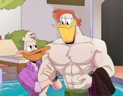 4_fingers abs anthro avian bush clothing disney drake_mallard duck ducktales ducktales_(2017) duo launchpad_mcquack male_only muscles muscular muscular_male pants pecs ratohet shirt smile topless towel watch