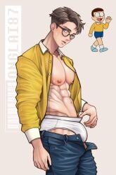 abs aged_up big_pecs blush bulge bulge_through_clothing clothed clothed_male dark_hair doraemon glasses male male_nipples muscular_male nobita_nobi onglai87 open_shirt pants_down pecs serratus serratus_anterior shirt solo solo_male sweat sweating unbuttoned_pants undercut underwear unzipped_pants v-line white_underwear yellow_shirt