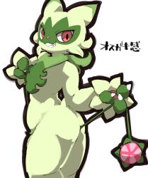 2023 3_fingers anthro ass claws fingers flaccid floragato fur generation_9_pokemon genitals green_body green_fur green_pubes holding_tail japanese_text looking_at_viewer male moesouna_gomi nintendo nude_male nyarote penis pokemon pokemon_(species) pose pubes red_eyes simple_background smug solo tail teeth text translation_request white_background yo-yo