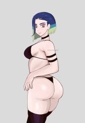 1girls arm_strap big_butt bob_cut butt choker female female_only hand_on_butt huge_butt human looking_at_viewer multicolored_hair narutsuart perrin_(pokemon) pokemon pokemon_sv short_hair smile solo thick_thighs thighhighs thighs thong