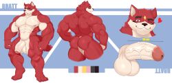 2022 abs absurd_res anthro ass balls bratt_nguyen canid canine erection flaccid foreskin fur furry furry_only genitals heart hi_res humanoid_genitalia humanoid_penis male male_only mammal model_sheet muscular muscular_anthro muscular_male navel nipples pecs penis pink_nipples red_body red_fur rux-uwu solo vein veiny_penis white_body white_fur wink