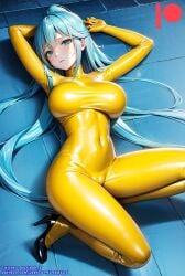 ai_generated bodysuit breasts female high_heels kuriboh_ex_(artist) latex latex_suit oppai rubber rubber_suit turquoise_eyes turquoise_hair