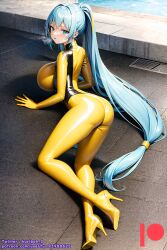 ai_generated bodysuit breasts female high_heels kuriboh_ex_(artist) latex latex_suit oppai rubber rubber_suit turquoise_eyes turquoise_hair