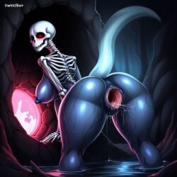 1girls ai_generated anus ass bent_over blush bones breasts cave darkeffect female female_only gaping gaping_pussy looking_at_viewer looking_back nightmare_waifu nipples nude original_character presenting_hindquarters pussy pussy_juice rear_view scenery skeleton solo solo_female solo_focus spirit thick_thighs undead wet