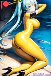 ai_generated bodysuit breasts female high_heels kuriboh_ex_(artist) latex latex_suit oppai rubber rubber_suit turquoise_eyes turquoise_hair