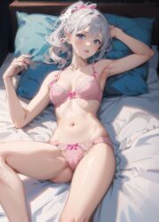 ai_generated bangs bed bed_sheet bedroom blue_eyes bra female lingerie lying lying_on_back lying_on_bed panties pillow pink_bra pink_lingerie pink_panties pink_ribbon ponytail ribbon_bra ribbon_panties ribbons silver_hair small_breasts solo_female stomach stylized white_skin