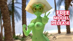 3d 3d_(artwork) beach big_breasts blender blender_(software) breasts cartoon_network erect_nipples female gem_(species) green_eyes green_nipples green_skin hips iamoctopii looking_at_viewer midriff naked outside peace_sign peridot_(steven_universe) short_hair shortstack smile steven_universe visor yellow_hair