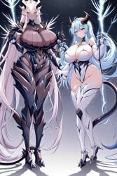 2girls ai_generated dark-skinned_female dark_skin female female_only huge_breasts light-blue_hair light-skinned_female light_skin multiple_girls tagme thighs white_hair