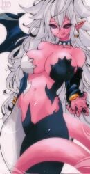 1girl 1girls android android_21 android_21_(evil) arc_system_works bandai_namco belly_button big_breasts black_nail_polish black_nails bracelets dragon_ball dragon_ball_fighterz ear_piercing earrings fanart female gold_jewelry gothic licking_lips long_hair looking_at_viewer majin_android_21 messy_hair omochi_db pink_body pink_tail red_eyes seductive seductive_look silver_hair spiked_collar succubus succubus_tail tail tongue_out voluptuous voluptuous_female