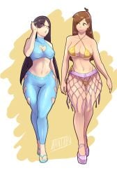 2girls banjabu bare_shoulders big_ass big_breasts breasts brown_eyes brown_hair candy_chiu cleavage cleavage_cutout clothing crop_top disney earrings female female_only gender_symbol glasses gravity_falls hairband human human_only long_hair mabel_pines makeup navel nipple_bulge revealing_clothes slutty_outfit straight_hair voluptuous voluptuous_female