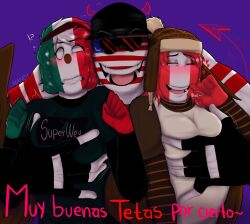 1boy 2girls blush clothing countryhumans countryhumans_girl eyebrows_visible_through_hair female grabbing_breasts heart male mexico_(countryhumans) no_pupils peru_(countryhumans) questionable_consent shitpost short_hair spanish_text text text_on_clothing united_states_of_america_(countryhumans) white_eyes